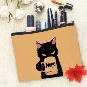 Black Cat Nope Coffee Mug Makeup Bag Canvas Cosmetic Pouch Funny Gift NWOT